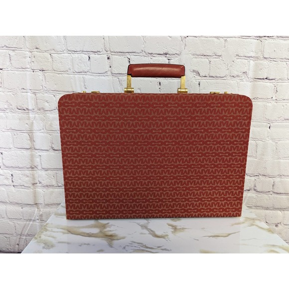 Vintage Mark Cross Monogram Red and Brass Italian Leather Slim Hard Case Attache - Picture 1 of 11